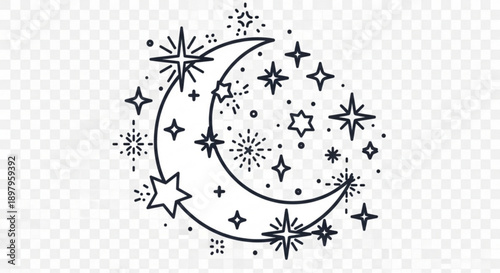 Crescent Moon with Stars and Sparkles Illustration Isolated on Transparent Background