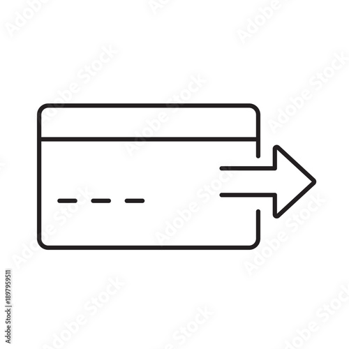 A vector icon of a credit card with a right-pointing arrow, symbolizing a refund issued, created in line style with editable stroke