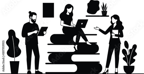 Silhouette illustration of three people with books, laptop, and plants in collaborative workspace for education and teamwork design content.