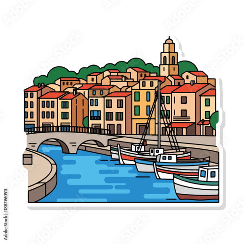 A quaint harbor scene with boats and buildings