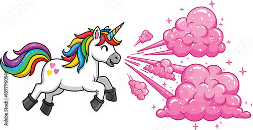 Cute cartoon unicorn with rainbow mane, magical fantasy character illustration, pink magic clouds explosion, fairytale design, white background