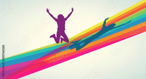 Happy Silhouette Running on Rainbow Colored Road with Arms Raised, Symbolizing Joy and Freedom
