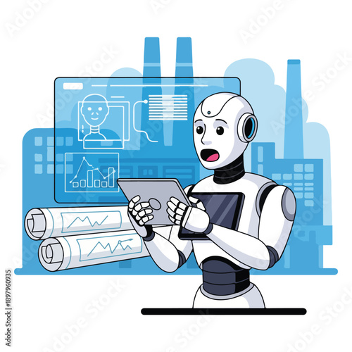 A robot analyzing data on a tablet