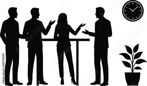 Teamwork silhouette icon with four professionals standing at high table, clock, and plant symbolizing office collaboration and discussion