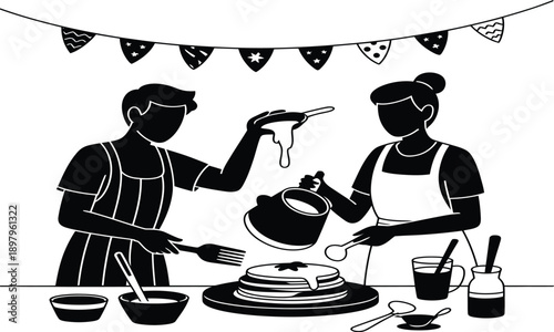 Black and white illustration of two people decorating a cake together at a party with bunting