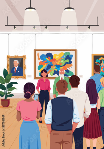 Vector illustration of people admiring abstract art in a modern gallery exhibition