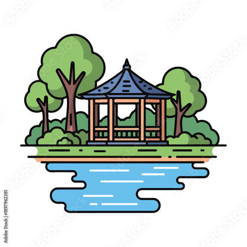 A serene gazebo by a tranquil lake surrounded by lush greenery