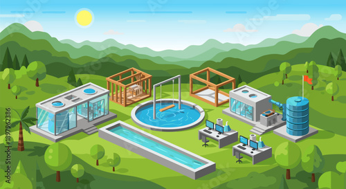 Modern Industrial Facility Vector Illustration in a Green Landscape