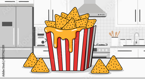 Vector illustration of a large bucket of nachos with melted cheese, surrounded by individual nachos, in a kitchen setting
