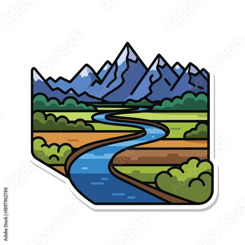 A serene landscape with a winding river and mountains