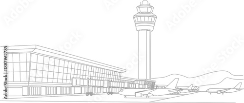Detailed black and white outline drawing showcases a modern international airport terminal building with airplanes parked near a prominent air traffic control tower.