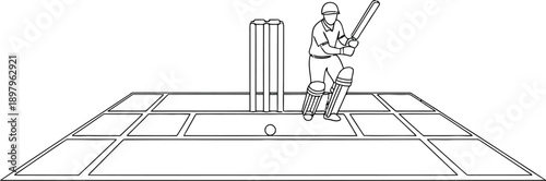Simple line art illustration depicts a focused cricket batsman ready to strike the approaching ball near the wickets on a sketched pitch area.