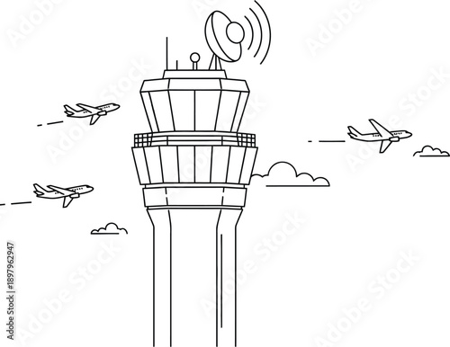 Minimalist line art illustration depicts an active air traffic control tower overseeing several airplanes maneuvering safely in the sky above white clouds.