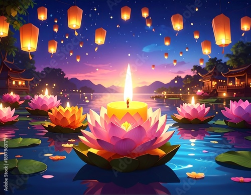 A serene lake scene at dusk with floating candles and lotus