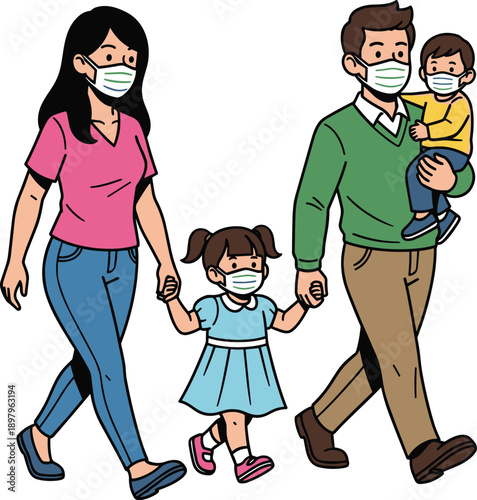 Family wearing face masks walking together, parents and children health safety illustration, pandemic protection concept, vector design