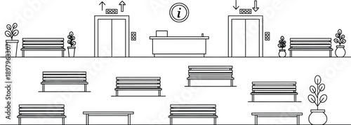 Minimalist line art illustration depicting a public waiting area featuring elevators reception desk and numerous seating benches with potted plants