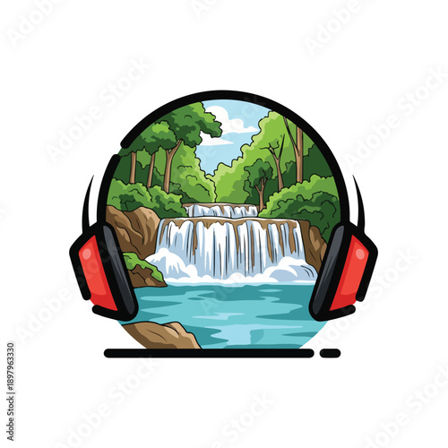 A serene waterfall scene in a pair of red headphones