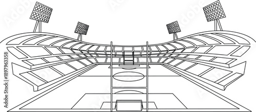 Black and white line art illustration depicting a large outdoor sports stadium setup ready for a major sporting event with bright overhead floodlights illuminating the field.