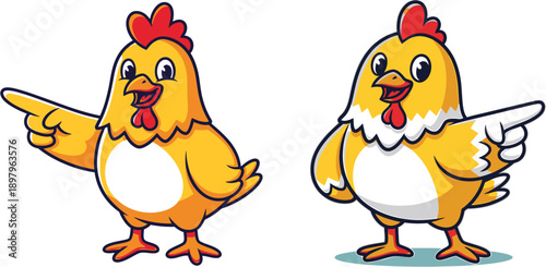 Cheerful cartoon chicken mascots pointing with vibrant expressions, radiating friendly personality and joy, ideal for farm-themed designs, food advertising, or engaging children's content