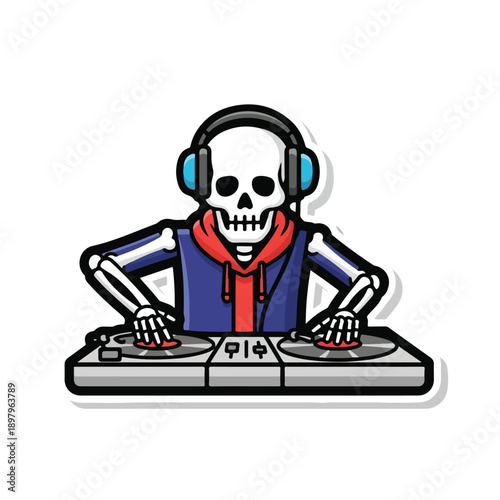 A skeleton wearing headphones operates a DJ setup