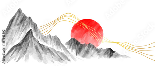 Mountain landscape watercolor painting illustration. Abstract contemporary aesthetic backgrounds landscapes. with mountains, hill, sun and line art