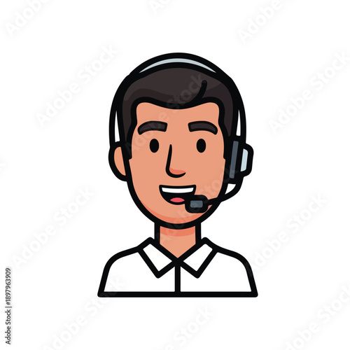 A smiling cartoon man wearing a headset