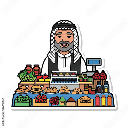 A smiling man in traditional Middle Eastern attire behind a market counter