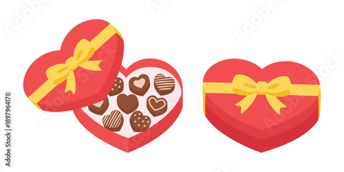 Heart shaped gift box with chocolate candies and yellow bow. Set of open and closed red boxes for Valentine's Day, wedding anniversary, and romantic dates. Sweet dessert vector icons.