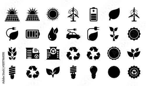 Complete eco-friendly solar renewable energy vector icon set
