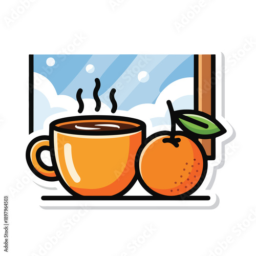A sticker of hot beverage and an orange