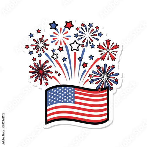 A sticker of an American flag waving with fireworks and stars