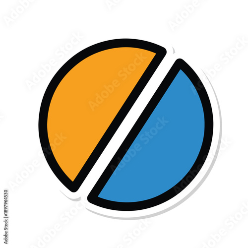 A sticker with a black outline featuring half orange and half blue