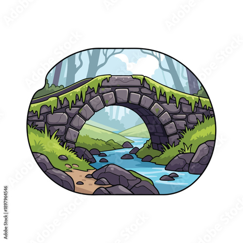 A stone bridge over a serene river