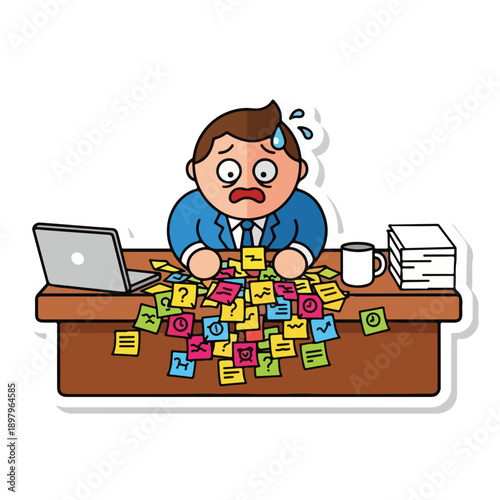 A stressed businessman surrounded by colorful sticky notes