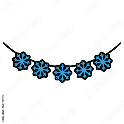 A string of blue snowflakes on a black cord
