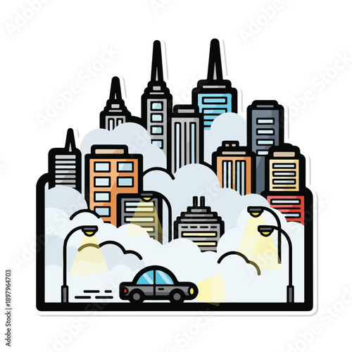 A stylized cityscape with buildings and a car