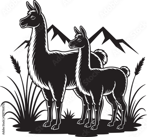 Minimalist Graphic Silhouette of an Adult and Baby Llama with Mountains