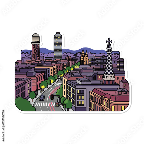 A stylized cityscape with rounded edges