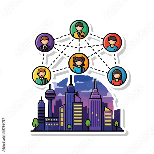 A stylized cityscape with seven people connected