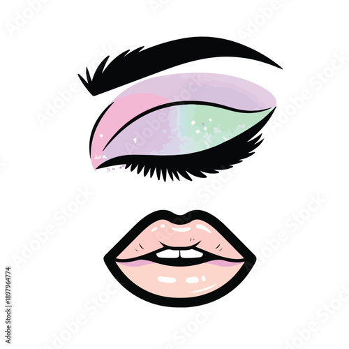 A stylized illustration of a closed eye and smiling lips