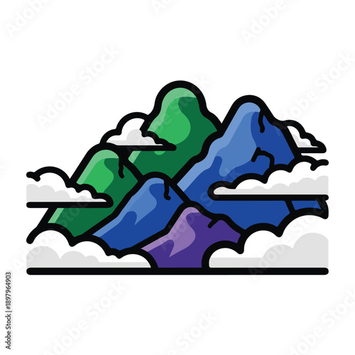 A stylized illustration of colorful mountains