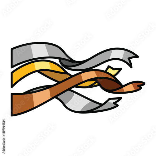 A stylized illustration of intertwined ribbons