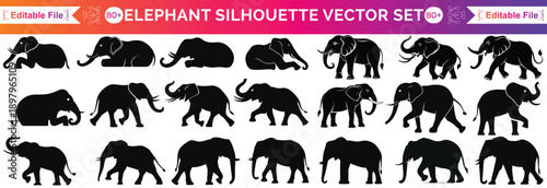Elephant Vector Silhouette, vector illustration of a set of elephant silhouette, perfect for logos, branding, social media, website designs, educational materials and presentations.