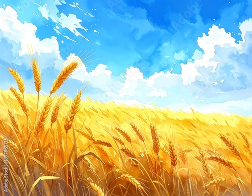A serene landscape of a golden wheat field under a vibrant blue sky