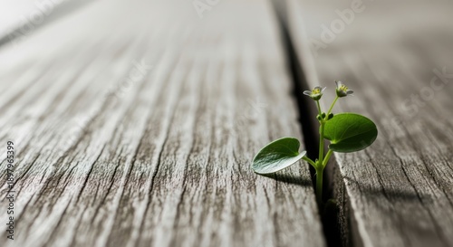 small green plant growing through crack in wooden deck with leaves and tiny white flowers