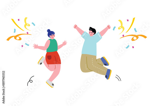 ジャンプして喜ぶ男女