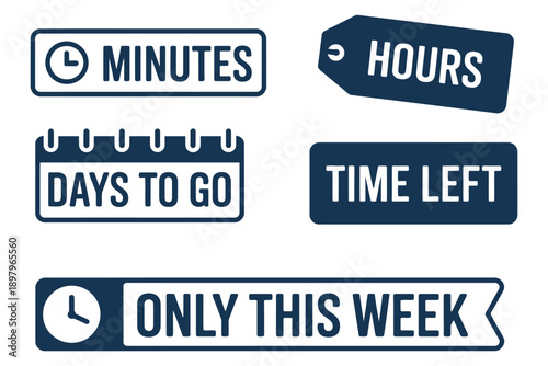 Vector icon set illustrating countdown elements for time sensitive events, featuring minutes, hours, days, and weekly reminders, designed for scheduling apps, productivity tools, and deadline tracking