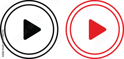 Play button icon set vector illustration in black and red circular styles for media players, video apps, and interfaces