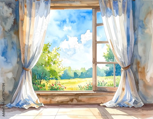 A serene landscape view from an interior window with curtains