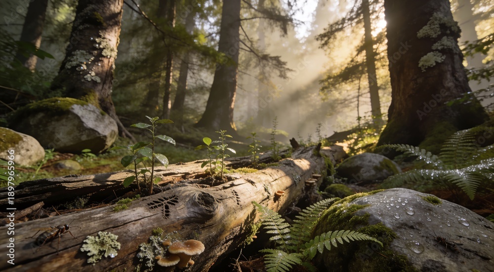 Fototapeta premium Sunlight filters through forest trees, illuminating fallen log surrounded by ferns and rocks in a serene woodland scene